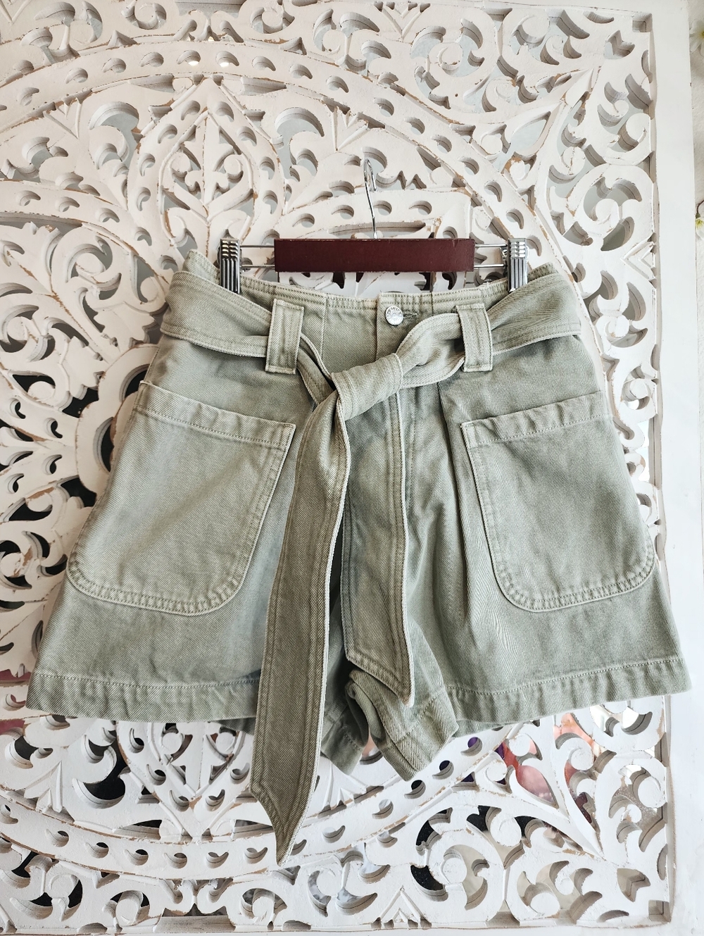 EDWIN PEYTON GREEN MILITARY HIGHWAIST BELTED SHORTS EUCALIPTUS WASH SIZE 26